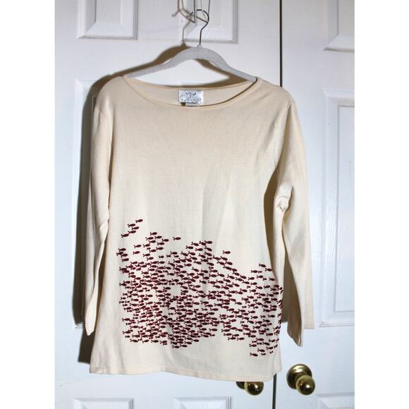 Vision Apparel Vintage Ivory Silk Blend Sweater w/ Beaded Fish sz 16 - Picture 1 of 4